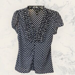INC Concepts navy Ruffled Fitted Blouse pirate core Paris polkadot